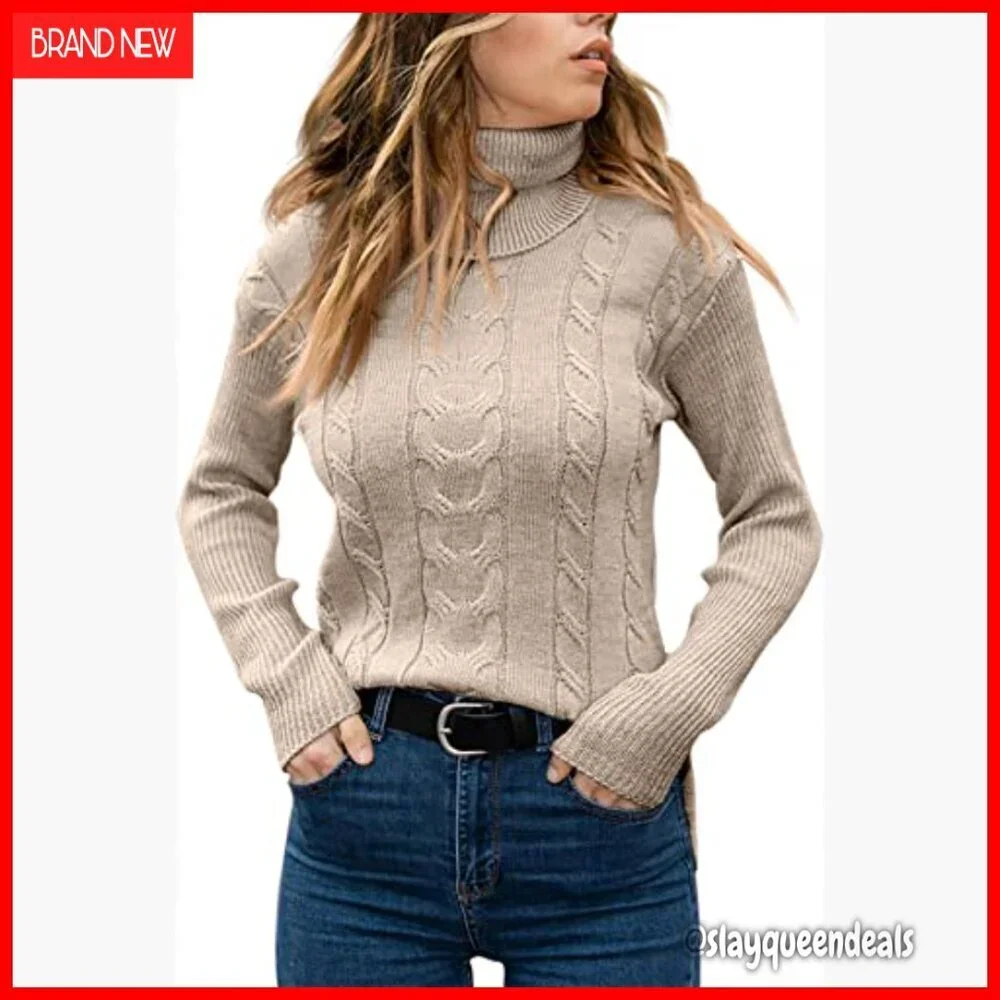 Turtleneck Cable Knit Sweater Long Sleeve Pullover Soft Stretchy Slim Fit